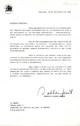 [Carta del Presidente Patricio Aylwin a Directora de Servicio Nacional de Menores]