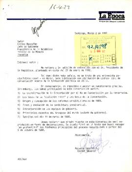 Carta del editor general del Diario La Época, sr. Ascanio Cavallo, dirigida al Jefe de Gabinete Presidencia de la República, sr. Carlos Bascuñán