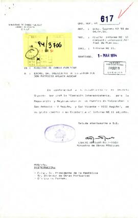 Ord. MOP Nº 617 enviado por el Ministro de Obras Públicas al Presidente Aylwin, remitiendo el Informe N.º 11 de la Comisión Interministerial para la Reparación y Mejoramiento de los Puertos de Valparaíso, San Antonio y San Vicente.