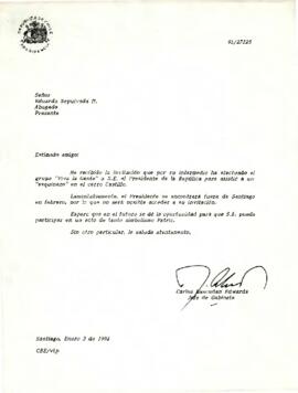 Carta de Carlos Bascuñán Edwards, Jefe de Gabinete Presidencial, a Eduardo Sepúlveda M., Abogado, sobre invitación al Presidente de la República a esquinazo del grupo 'Viva la Gente'