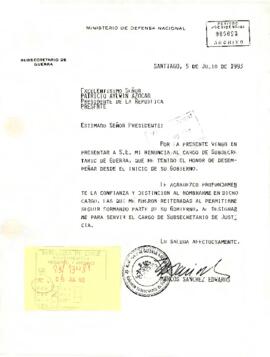 [Carta de Subsecretario de Guerra dirigida a S.E Presidente Patricio Aylwin]