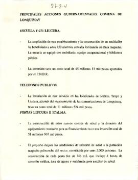[Principales acciones gubernamentales de la comuna de Lonquimay (IX Región)]