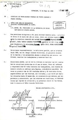 [Solicitud del Sindicato de Trabajadores de Puerto Sánchez y Puerto Cristal para laremoción del Gerente de la Empresa Minera "Aisén"]