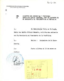 Carta del Director del Ceremonial y Protocolo del Ministerio de RR.EE, sr. C. Klammer B., dirigida al Señor Carlos Bascuñán, Jefe de Gabinete de su Excelencia el Presidente de la República con referencia al Embajador de Chile en Portugal
