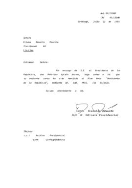 Carta remitida al Plan Beca "Presidente de la República"