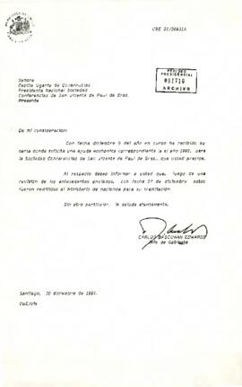 [Respuesta a solicitud de apoyo económico de Sociedad Conferencias de San Vicente de Paul de Sras.]