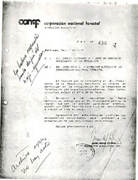 Carta del Director Ejecutivo de la Corporación Nacional Forestal, Juan Moya C., solicitándole al Presidente de la República una fecha para que pueda asistir a la Inauguración de la Temporada de Forestación