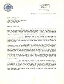 Carta desde el Senado, del sr. Máximo Pacheco G., dirigida al Excmo. señor don Patricio Aylwin A. Presidente de la República