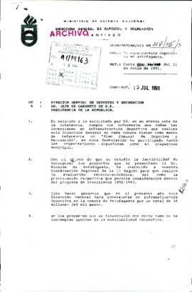 [Carta en relación a inversiones en infraestructura deportiva]