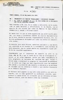 [Fax N° 103 de Intendente de Magallanes, informa malestar de la comunidad por el aumento de las tárifas de agua potable y alcantarillado]