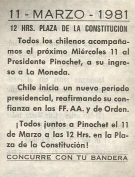 11-Marzo-1981 Todos los chilenos acompañan este 11 de Marzo al Presidente Pinochet, a su ingreso a La Moneda