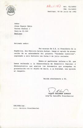 [Carta del Gabinete Presidencial dirigida a ciudadano agradeciendo el envío del proyecto titulado "Uniddes Lumínicas"]