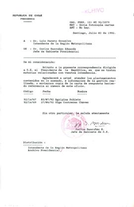 [Carta del Jefe de Gabinete de la Presidencia a Intendente de la Región Metropolitana]