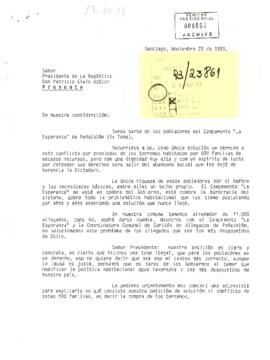 [Carta: petición audiencia a S . E El Presidente de la República,  de  Campamento "La Espera...