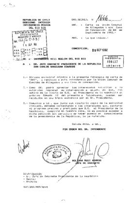 Oficio [Orden Secrej Nº 1666] del Intendente de la Región del Bío-Bío, dirigido al Sr. Carlos Bascuñán Edwards, Jefe de Gabinete del Presidente de la República