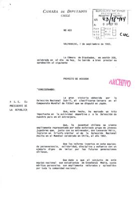 [Carta de la Cámara de Diputados de Chile, sobre reconocimiento a selección sub 17 de fútbol]