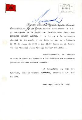Carta Invitación de Augusto Pinochet Ugarte, Capitán General Comandante en Jefe del Ejército, dirigida a S.E. el Presidente de la República, Excelentísimo Señor Don Patricio Aylwin Azócar