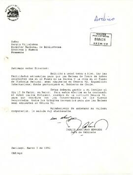 Carta del sr. Carlos Bascuñán, Jefe de Gabinete Presidencial, dirigida al Señor Sergio Villalobos, Director Nacional de Bibliotecas, Archivos y Museos