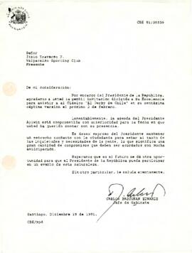 Carta de Carlos Bascuñán, Jefe de Gabinete Presidencial, a Italo Traverso, Presidente Valparaíso Sporting Club, sobre invitación a 'El Derby de Chile'