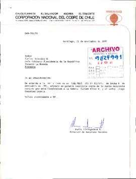 [Se remite copia de carta de respuesta a la Sra. Carmen Rivas y Jorge González por solicitud de trabajo de CODELCO]