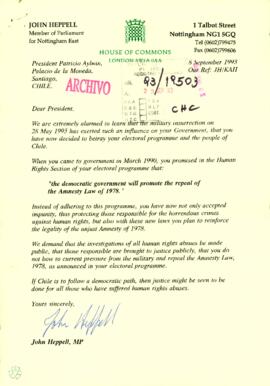 [Carta del Miembro del Parlamento de Nottingham East, Sr. John Heppell, dirigida al Presidente Patricio Aylwin}