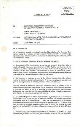 Memorándum De Guillermo Pickering de la Fuente, Abogado Representante de Magallánica Industrial y Comercial S.A. al Señor Tomás Puig C., Subsecretario de Marina