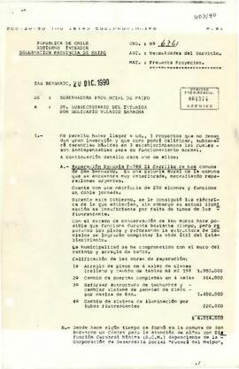 Oficio enviado por la Gobernadora Provincial de Maipo al Subsecretario del Interior, mediante el cual se presentan tres proyectos destinados a subsanar carencias básicas en establecimientos educacionales y sociales de la comuna de San Bernardo