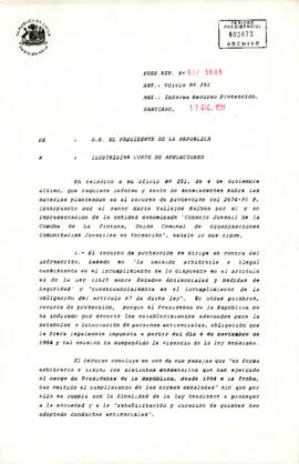 informe enviado por el Presidente Patricio Aylwin a la Corte de Apelaciones en respuesta a un requerimiento sobre un recurso de protección (rol 2674-91), interpuesto por Mario Vallejos Balboa por presunta omisión en la aplicación de la Ley 11.625 sobre Estados Antisociales