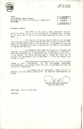 Carta de Carlos Bascuñán Edwards, Jefe de Gabinete Presidencial, a José Rafael Reyes Reyes, Sociedad Chilena de Historia y Geografía