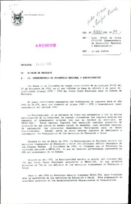 [Copia de Oficio Ord. N° 1000/79 de Alcalde de Recoleta, en relación a la base de cálculo del Fondo Común Municipal]