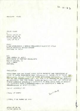Fax del sr. Joao Ferraz de Abreu, Presidente del Partido Socialista de Portugal, dirigido al sr. Presidente Electo de Chile, Dn. Patricio Aylwin Azócar