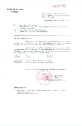 [Carta del Jefe de Gabinete de la Presidencia a SEREMI de Vivienda V Región]