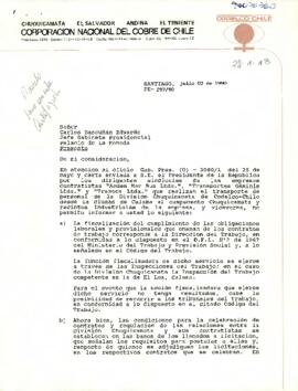 Carta desde la Corporación Nacional del Cobre de Chile CODELCO, de su Presidente Ejecutivo, sr. Alejandro Noemi C., dirigida al Señor Carlos Bascuñán Edwards, Jefe Gabinete Presidencial, Palacio de La Moneda