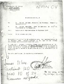 Memorándum de Carlos Ominami P., Ministro de Economía, Fomento y Reconstrucción, a Carlos Bascuñán Edwards, Jefe de Gabinete Presidencial, sobre audiencia para representantes de LADA
