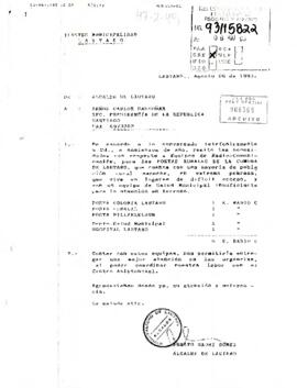 Carta desde la Municipalidad de Lautaro, de su Alcalde sr. Renato Hauri Gómez, dirigida al sr. Carlos Bascuñán, Sec. Presidencia de la República
