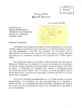 [Carta del Embajador Patricio Silva Echeníque en la que se refiere al acuerdo de libre comercio con EE.UU. y el acierto de las conversaciones con el Presidente Clinton]