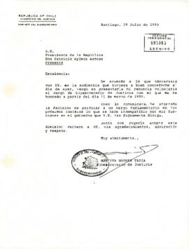 Carta del Ministerio de Justicia, de la subsecretaria, sra. Martita Worner Tapia, dirigida a S.E. Presidente de la República, Don Patricio Aylwin Azócar