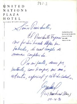 Nota del Sr. Luis Marchand Steus, desde Nueva York, Estados Unidos, quien saluda al Presidente Patricio Aylwin Azócar a nombre del Presidente del Perú, sr. Alberto Fujimori