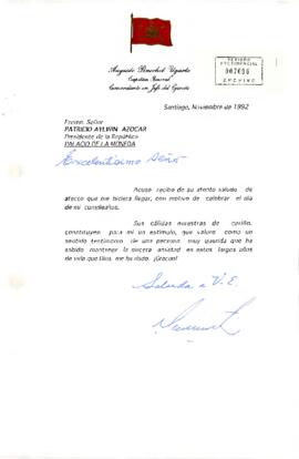 Carta de Augusto Pinochet Ugarte, Capitán General Comandante en Jefe del Ejército, dirigida al Excmo. Señor Patricio Aylwin Azócar, Presidente de la República