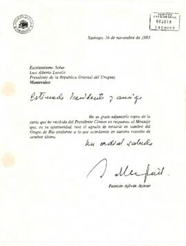 [Carta del Presidente Aylwin al Presidente de la República Oriental del Uruguay, enviando carta que del Presidente Clinton].