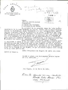 [Saludo de Secretario de la Casa Uruguaya en Chile al cumplirse un año de gobierno de Aylwin]