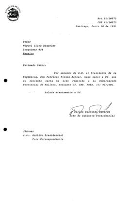 [Carta de respuesta por remisión de correspondencia enviada al Presidente, redirigiéndola  a la Gobernación Provincial de Malleco ]