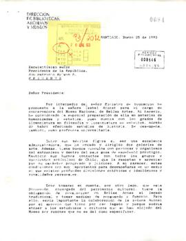Carta [0084] desde la Dirección de Bibliotecas, Archivos y Museos, de su Director, sr. Sergio Villalobos R., dirigida al Excelentísimo Presidente de la República, don Patricio Aylwin A.