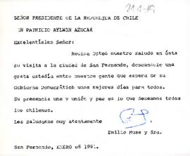Carta del sr. Emilio Muse y Sra. de la ciudad de San Fernando, VI Región, Chile, dirigida al Señor Presidente de la República, Don Patricio Aylwin Azócar