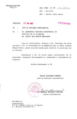 [Oficio  Gab. Pres. Ord. N° 2926 de  Jefe de Gabinete Presidencial, remite copia de carta que se indica]