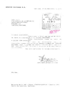 [Carta de la Jefa de Suscripciones de Arrayán Editores dirigida al Departamento de Adquisiciones de la Presidencia]