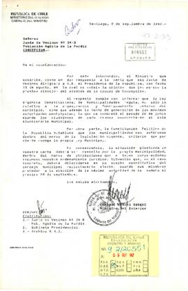 Carta desde el Ministerio del Interior, de su ministro, sr. Enrique Krauss Rusque, dirigida a los Señores Junta de Vecinos Nº 34-8 Población Agüita de la Perdiz, Concepción