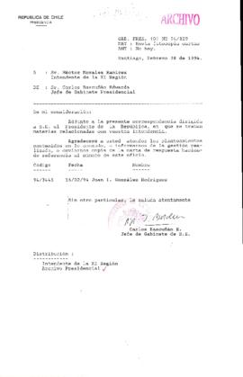 [Oficio Ord. N° 829 de Jefe de Gabinete Presidencial, remite copia de carta que se indica]