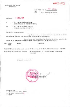 [Se adjunta correspondencia a Subsecretario de Previsión Social]