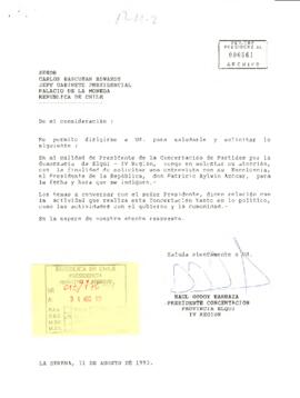 [Carta: petición de reunión a S . E El Presidente de la República,  de Presidente de  la Concertación IV región ]